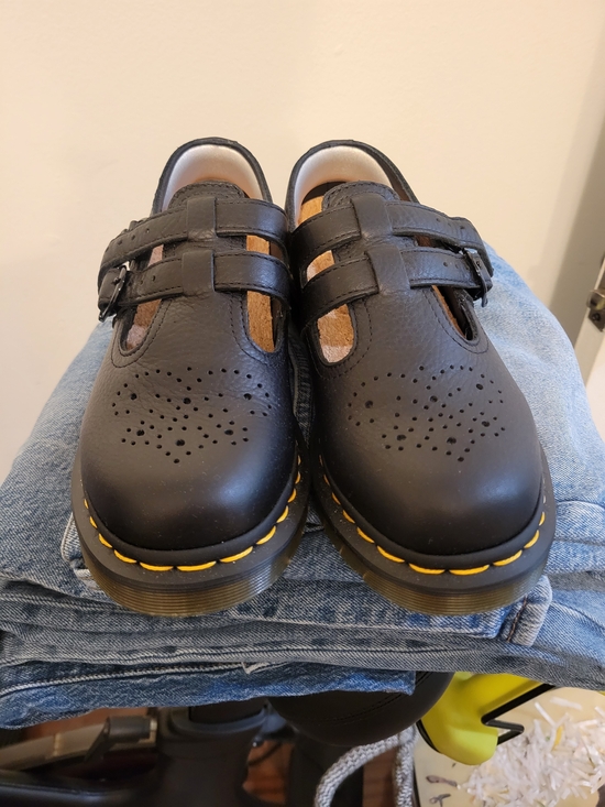 Dr. Martens Shoes - Doc Martens Black Mary Jane Shoes with Yellow Stitching